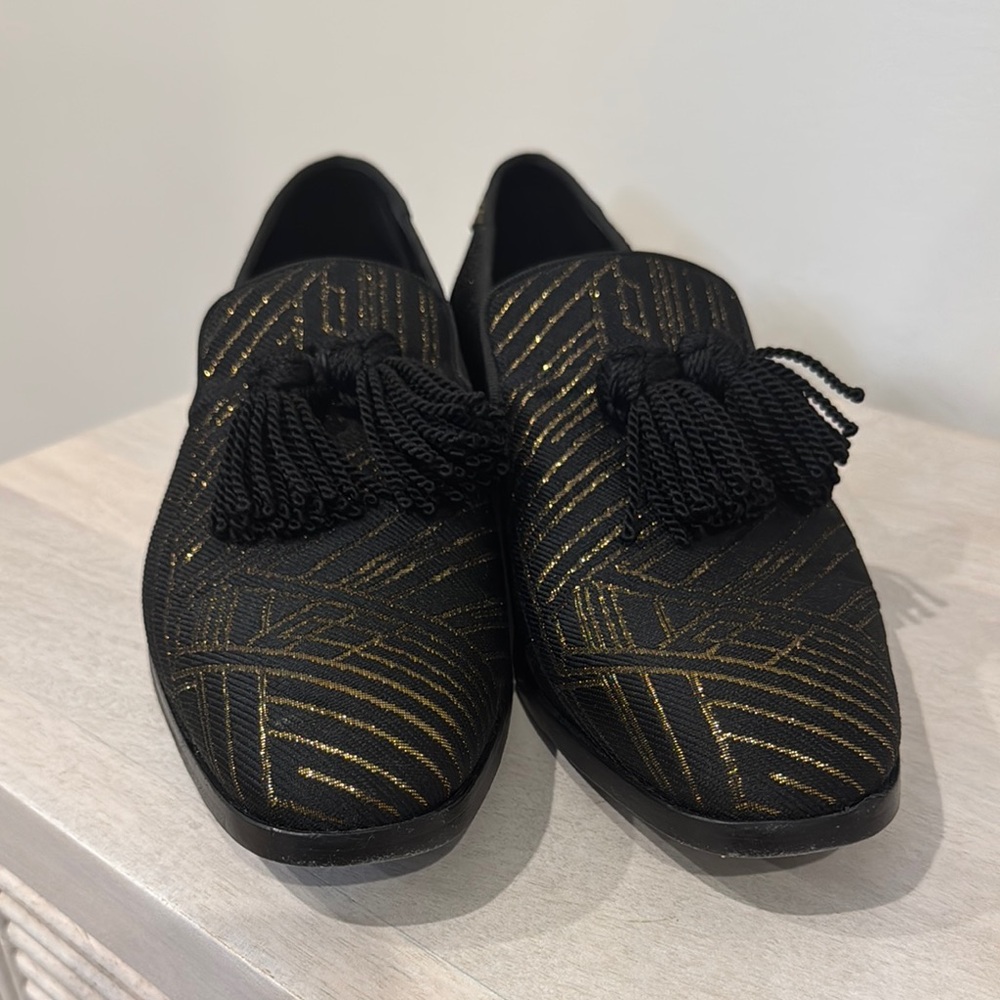 Sold on TRR Jimmy Choo Black and Gold Patterned Loafers